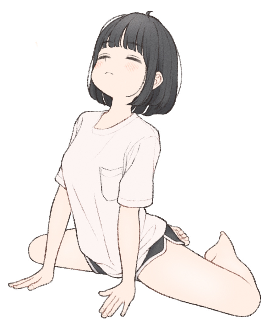 1girl 1ssakawaguchi =_= absurdres arm_support bare_legs barefoot black_shorts blush bob_cut breasts closed_eyes dolphin_shorts highres ichika_(1ssakawaguchi) medium_breasts original shirt short_sleeves shorts simple_background solo spread_legs stretching white_background white_shirt