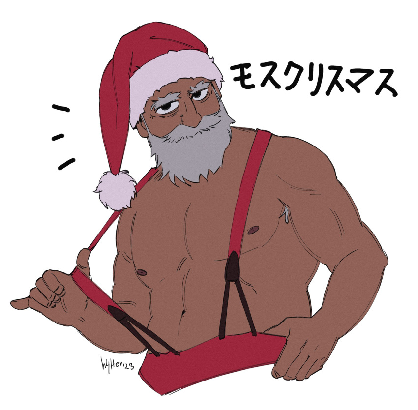 1boy abs armpit_hair armpit_hair_peek bara beard christmas cropped_torso dark-skinned_male dark_skin facial_hair flat_color golden_kamuy grey_hair h4tter happy_aura hat highres jitome koito_heiji large_pectorals long_beard looking_at_viewer male_focus mature_male muscular muscular_male nipples old old_man pectorals red_headwear santa_costume santa_hat short_hair solo suspenders thick_eyebrows thick_mustache topless_male translation_request undressing