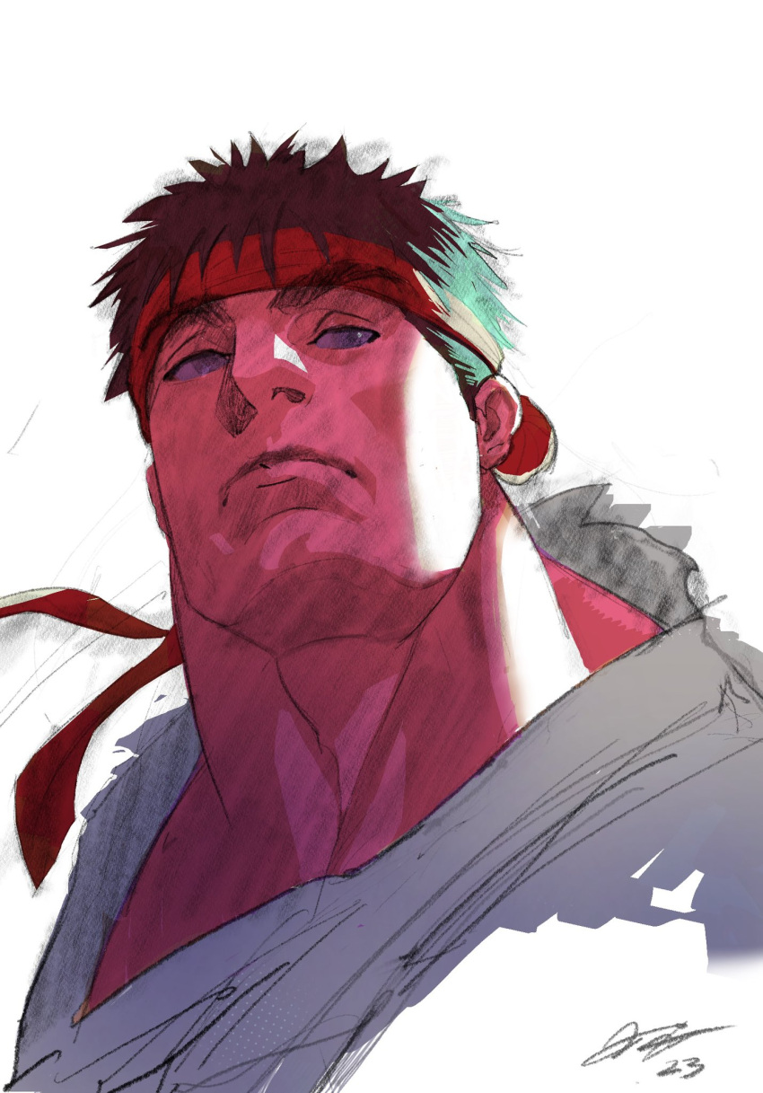 brown_hair chin dougi headband highres karate_gi male_focus neck ryu_(street_fighter) scruffy shadow signature simple_background street_fighter