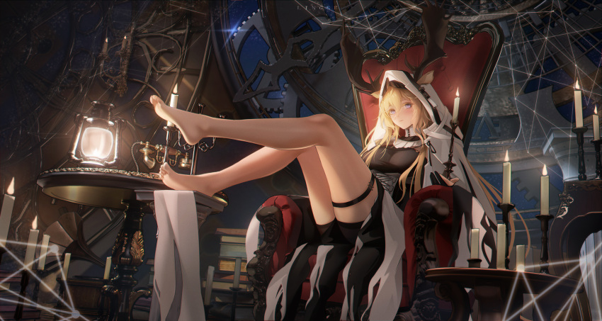 1girl animal_ears antlers antlers_through_hood arknights bare_legs barefoot blonde_hair blue_eyes blush book book_stack breasts candle candlestand cape chair deer_antlers deer_ears deer_girl ears_through_hood fire hair_between_eyes highres hood hood_up hooded_cape indoors lantern large_breasts legs legs_up ling_dianxia long_hair looking_at_viewer night sitting sky solo table thighs viviana_(arknights) white_cape