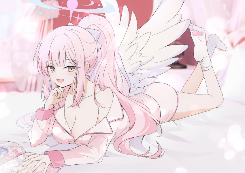 1girl absurdres angel_wings blue_archive book breasts cleavage feathered_wings highres large_breasts long_hair long_sleeves looking_at_viewer mika_(blue_archive) open_book open_mouth pajamas pink_hair pink_pajamas ponytail seno_(senohime) smile solo white_wings wings yellow_eyes