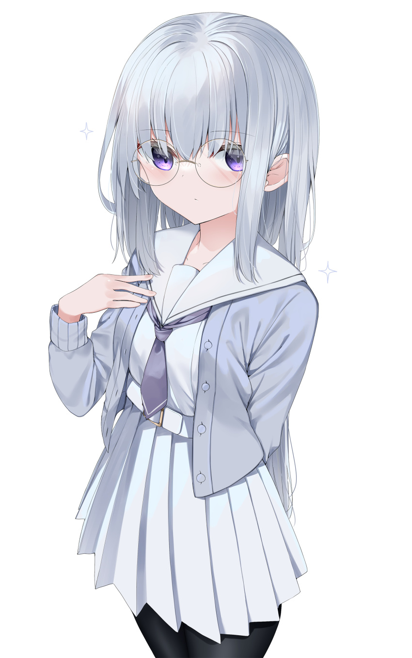 1girl absurdres black_pantyhose cardigan closed_mouth glasses grey_cardigan grey_hair hair_between_eyes hand_up high-waist_skirt highres long_hair long_sleeves looking_at_viewer neckerchief neku_(neku_draw) open_cardigan open_clothes original pantyhose pleated_skirt purple_eyes purple_neckerchief round_eyewear sailor_collar school_uniform serafuku shirt simple_background skirt solo sparkle very_long_hair white_background white_sailor_collar white_serafuku white_shirt white_skirt