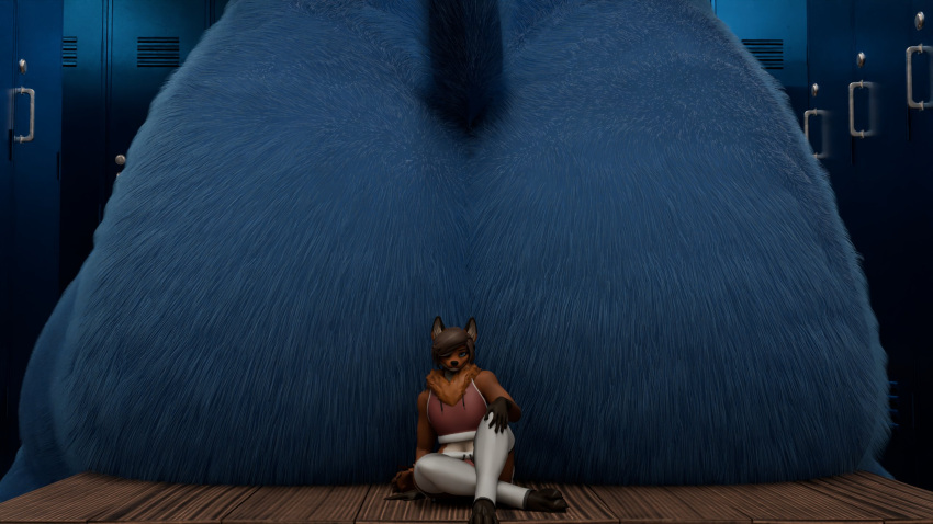 3d_(artwork) anthro bat bench blender_(software) blue_body blue_fur bottomwear brown_body brown_fur brown_hair butt butt_focus canid canine clothed clothing crop_hoodie crop_top denim denim_bottomwear denim_clothing digital_media_(artwork) duo extreme_size_difference fox fur gin_(twitchyanimation) hair hi_res leg_warmers legwear locker_room male mammal micro nude shirt shorts sitting size_difference tali_(talidrawing) topwear twitchyanimation