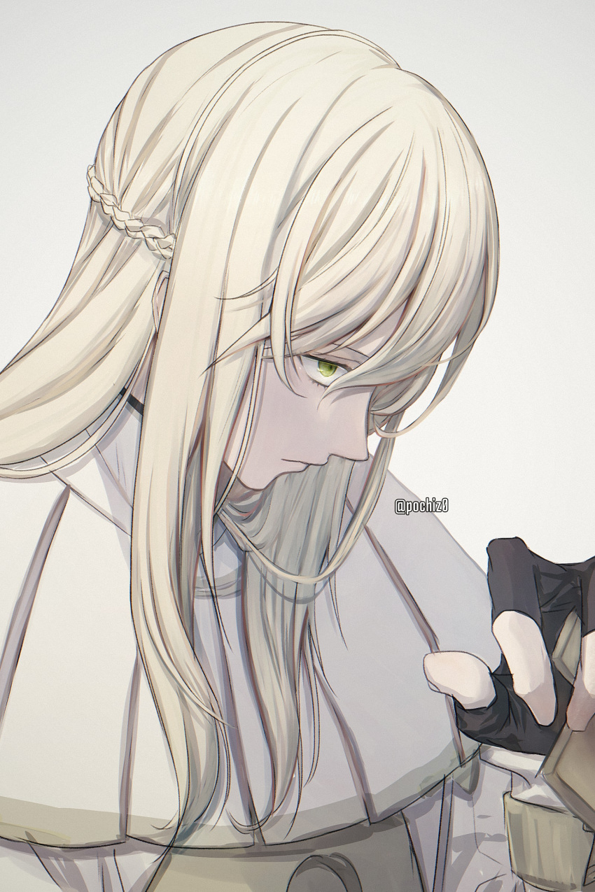 1boy absurdres androgynous black_gloves blonde_hair braid capelet closed_mouth fingerless_gloves fire_emblem fire_emblem_awakening french_braid from_side glaring gloves green_eyes hair_between_eyes head_down highres libra_(fire_emblem) long_hair looking_up male_focus pochiz0 profile robe simple_background solo upper_body white_background white_capelet white_robe
