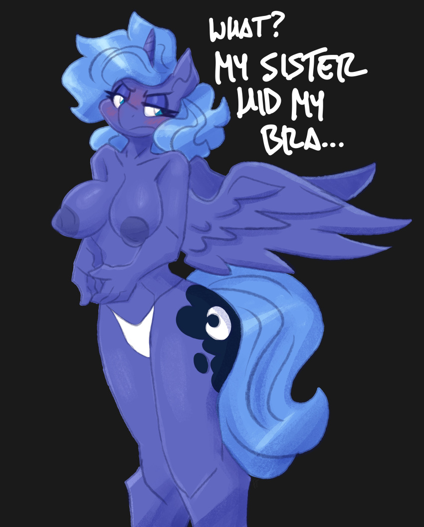 absurd_res anthro anthrofied areola big_breasts black_background blue_areola blue_body blue_eyes blue_hair blue_tail breasts clothed clothing cutie_mark dialogue english_text equid equine eyelashes female flutterthrash friendship_is_magic hair half-closed_eyes hasbro hi_res horn long_hair mammal my_little_pony narrowed_eyes panties portrait princess_luna_(mlp) simple_background solo tail text three-quarter_portrait topless underwear unicorn_horn winged_unicorn wings