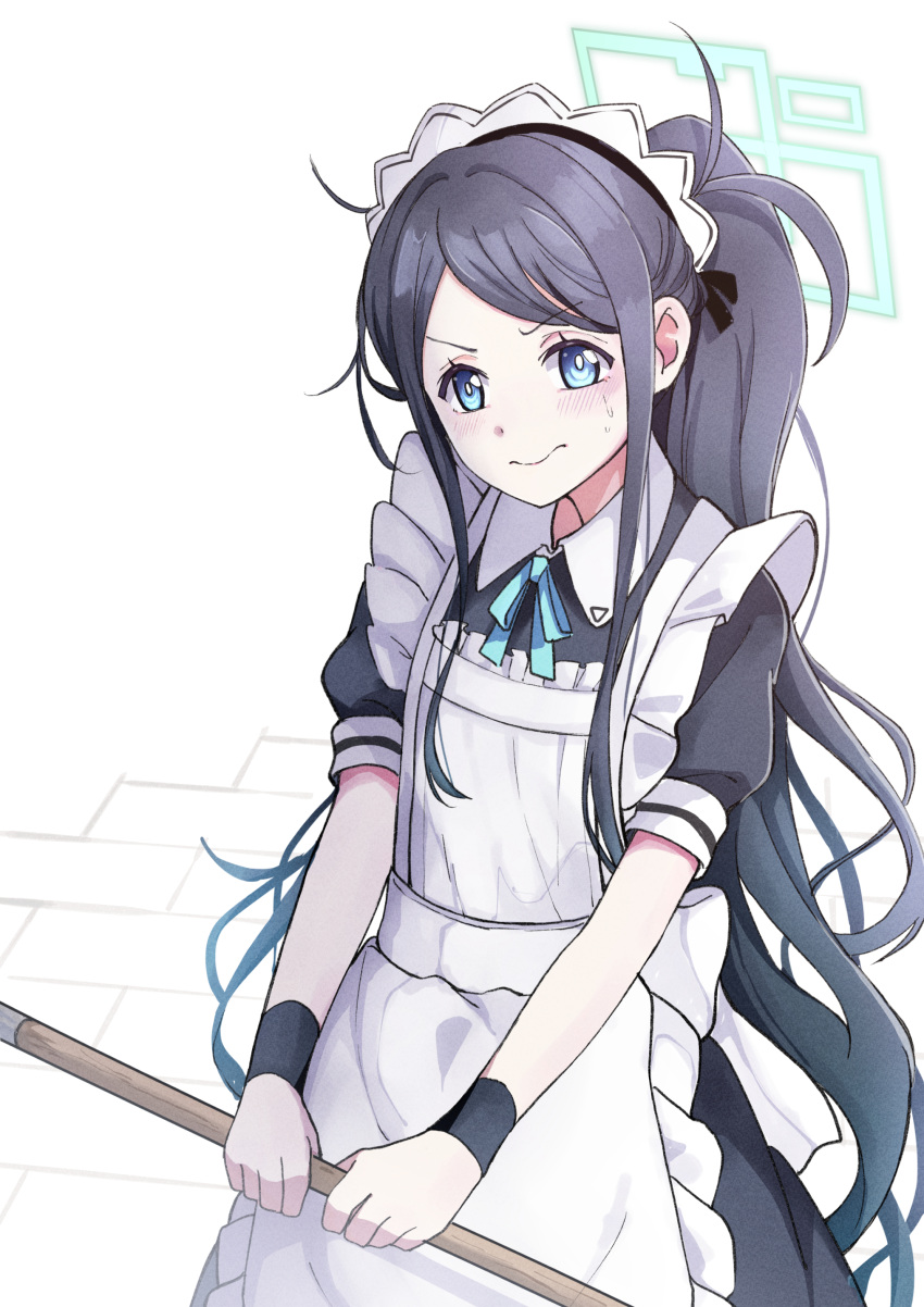1girl absurdres apron aris_(blue_archive) aris_(maid)_(blue_archive) black_dress black_hair black_wristband blue_archive blue_eyes blue_ribbon bright_pupils closed_mouth collared_dress commentary_request dress highres holding long_hair looking_to_the_side maid_apron maid_headdress neck_ribbon official_alternate_costume osunu ponytail puffy_short_sleeves puffy_sleeves ribbon short_sleeves sidelocks solo standing sweat very_long_hair white_apron white_pupils