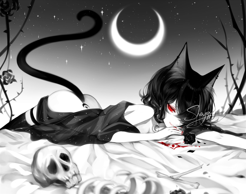 animal_ears ass bed black_hair catgirl dress gradient moon nopan original polychromatic red_eyes sheya short_hair signed skull tail tattoo