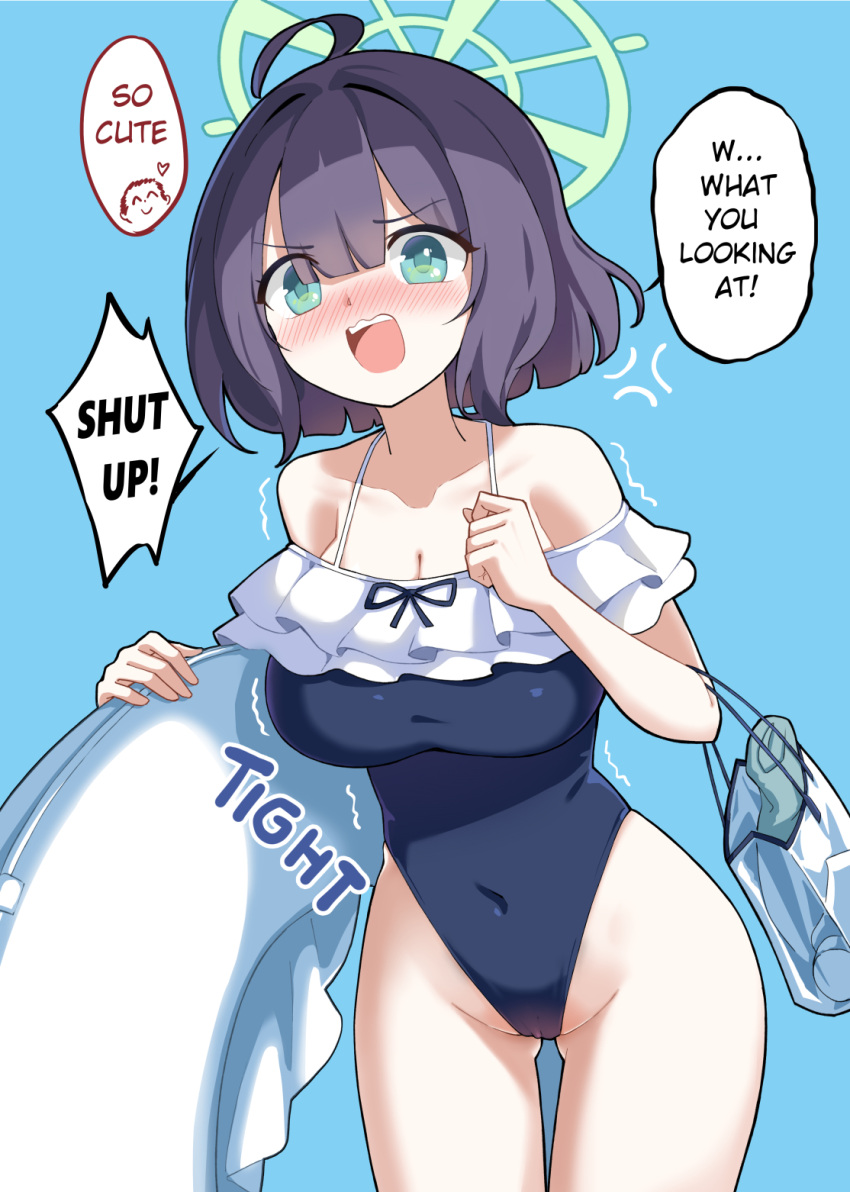 1boy 1girl alternate_costume anger_vein bag black_hair black_one-piece_swimsuit blue_archive blunt_bangs blush breasts collarbone commentary cosplay doodle_sensei_(blue_archive) embarrassed english_commentary green_eyes hair_between_eyes halo highleg highleg_swimsuit highres hm_(hmongt) holding holding_innertube innertube large_breasts looking_at_viewer miyako_(blue_archive) miyako_(blue_archive)_(cosplay) miyako_(swimsuit)_(blue_archive) one-piece_swimsuit saki_(blue_archive) sensei_(blue_archive) short_hair sidelocks simple_background spaghetti_strap swimsuit tote_bag trembling