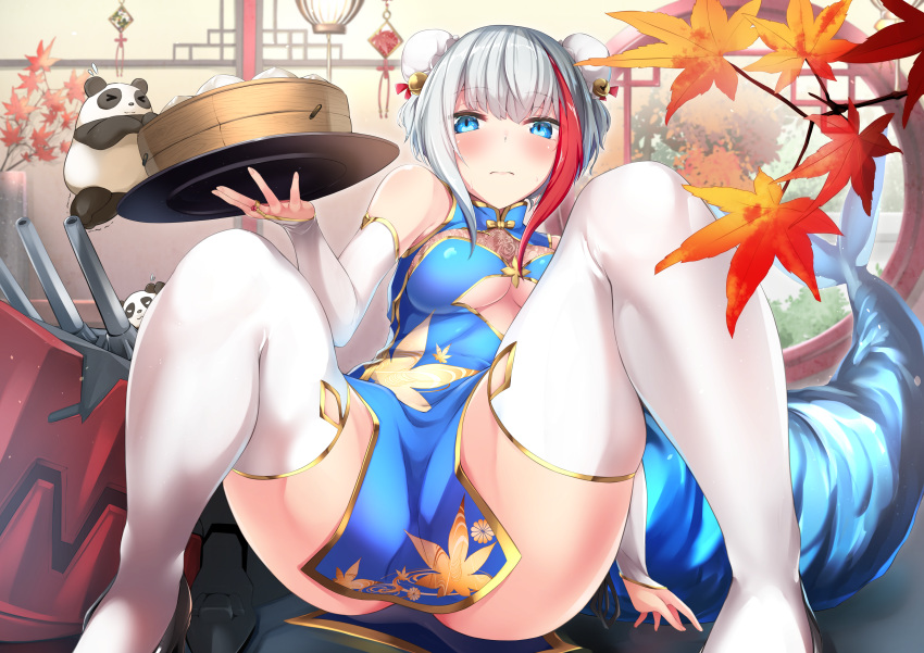 admiral_graf_spee_(azur_lane) animal anthropomorphism aqua_eyes azur_lane bear blush chinese_clothes chinese_dress food hayami_yoichi leaves no_bra panda short_hair thighhighs underboob white_hair