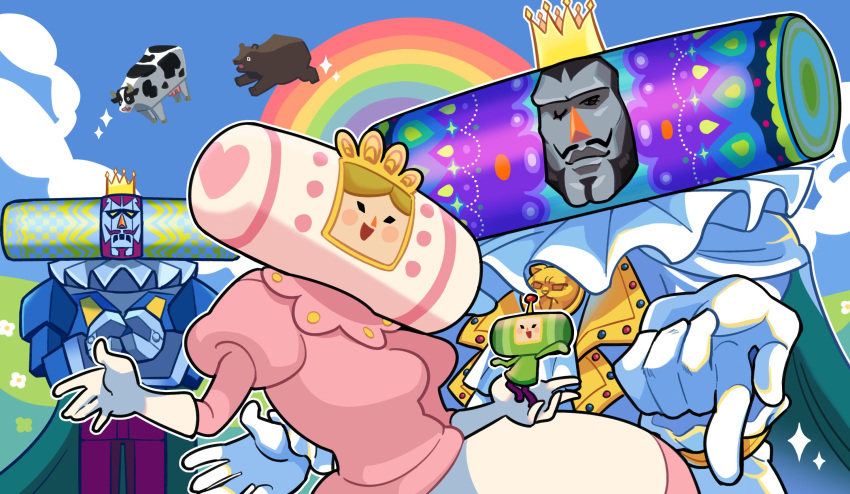 1girl 1other 2boys bear black_eyes black_hair blonde_hair blue_suit blush cape cloud cow crown dress facial_hair flower frills gloves grasslands highres katamari_damacy king_of_all_cosmos loveycloud multiple_boys mustache one_eye_closed open_mouth outline pants pink_dress pointing pointing_at_viewer purple_hair purple_pants queen_of_all_cosmos rainbow roboking_(katamari_damacy) robot sparkle suit the_prince_(katamari_damacy) white_gloves white_outline white_suit yellow_eyes