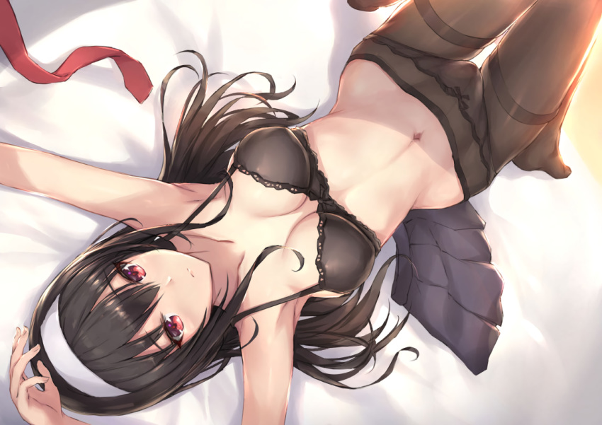 black_hair bra breasts headband kasumigaoka_utaha long_hair navel panties pantyhose parfaitlate red_eyes saenai_heroine_no_sodatekata see_through skirt tie underwear