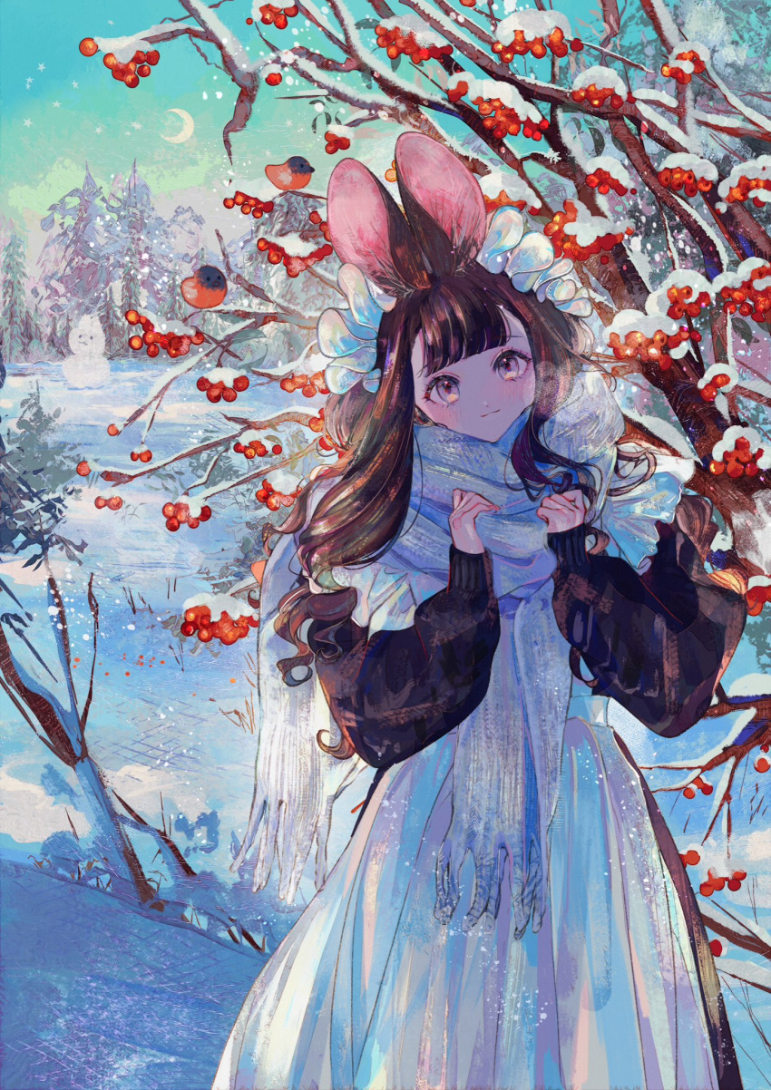 1girl animal_ears bird brown_hair closed_mouth commentary_request crescent_moon highres jamu_(yakinikuoi4) long_hair long_sleeves looking_at_viewer moon night original outdoors scarf snow snowman solo standing star_(sky) tree white_scarf winter