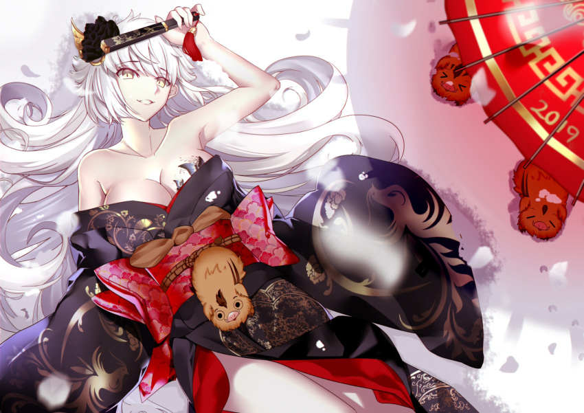 animal breasts cleavage fan fate/grand_order fate_(series) japanese_clothes jeanne_d'arc_(fate) jeanne_d'arc_alter kimono long_hair no_bra paperfinger snow tattoo umbrella white_hair yellow_eyes