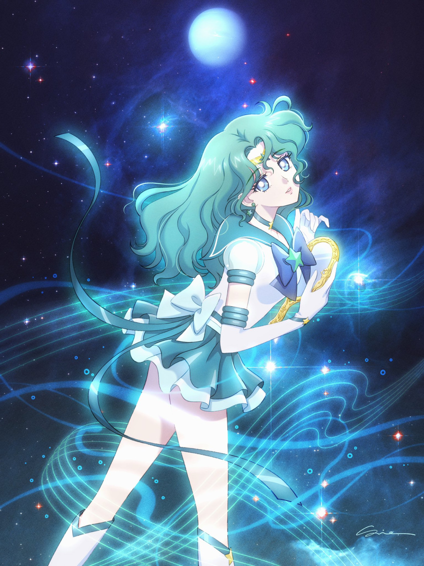 1girl aqua_hair aqua_ribbon aqua_sailor_collar aqua_skirt bishoujo_senshi_sailor_moon blue_bow blue_eyes bow earrings elbow_gloves full_moon gloves hand_mirror highres holding holding_mirror jewelry kaiou_michiru leotard long_hair magical_girl mirror moon puffy_short_sleeves puffy_sleeves ribbon sailor_collar sailor_neptune short_sleeves sidney_deng skirt solo star_(symbol) star_earrings wavy_hair white_gloves white_leotard