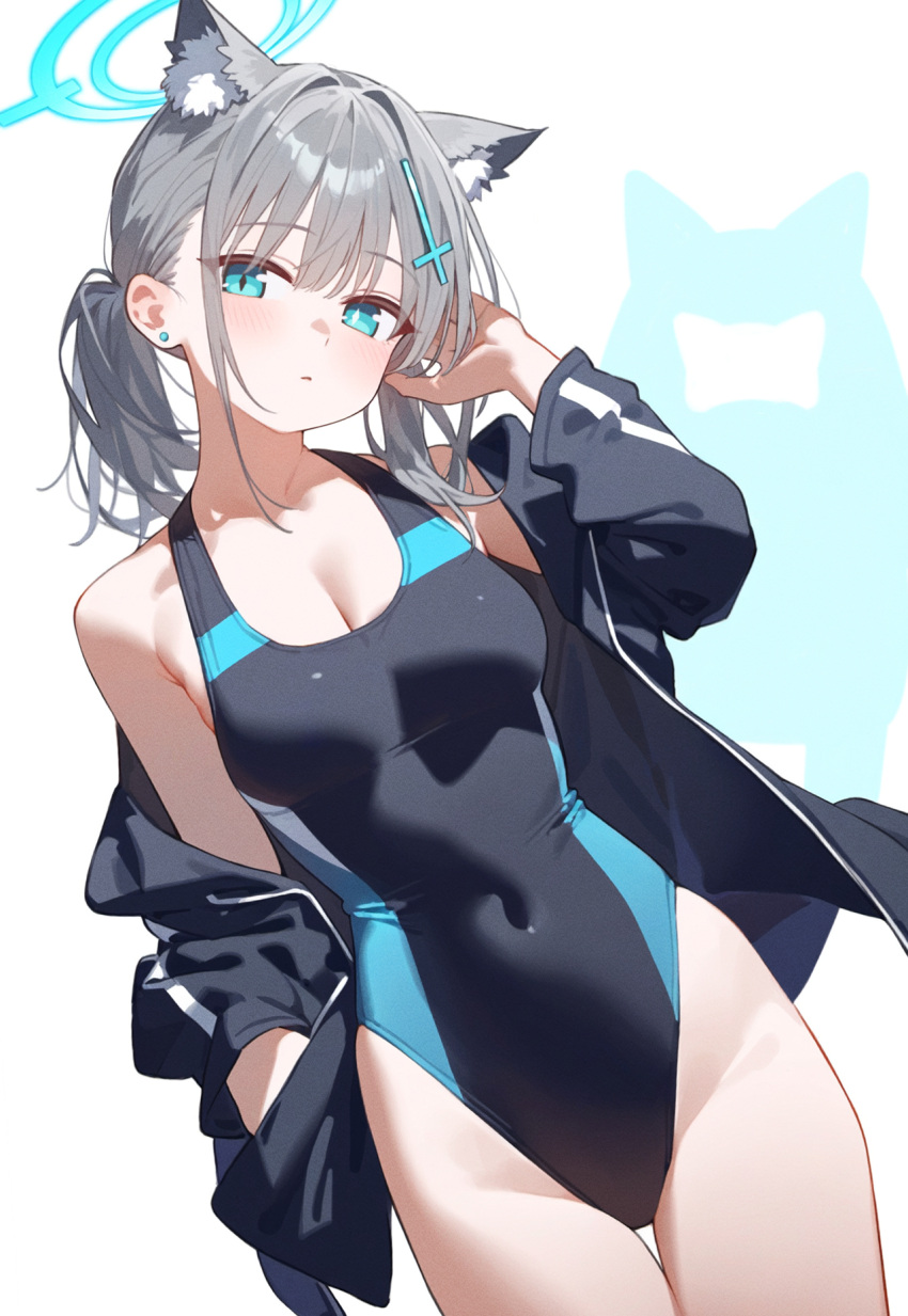 1girl ai-generated animal_ear_fluff animal_ears black_jacket black_one-piece_swimsuit blue_archive blue_eyes blue_halo blush breasts competition_swimsuit covered_navel cross cross_hair_ornament extra_ears grey_hair hair_between_eyes hair_ornament halo highleg highleg_swimsuit highres inverted_cross jacket looking_at_viewer low_ponytail medium_breasts medium_hair mismatched_pupils multicolored_clothes multicolored_swimsuit myuto12345 official_alternate_costume one-piece_swimsuit open_clothes open_jacket shiroko_(blue_archive) shiroko_(swimsuit)_(blue_archive) simple_background solo standing swimsuit two-tone_swimsuit white_background wolf_ears