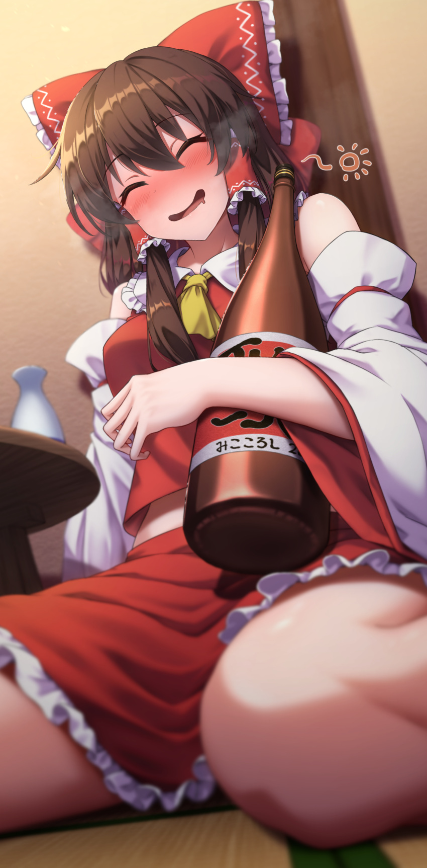 1girl ^_^ absurdres ascot bare_shoulders blurry blush bottle bow breasts brown_hair choko_(cup) closed_eyes collared_shirt commentary_request cup detached_sleeves drooling drunk frilled_hair_tubes frilled_shirt_collar frilled_skirt frills from_below hair_between_eyes hair_bow hair_tubes hakurei_reimu highres holding holding_bottle indoors jacket medium_breasts medium_hair midriff_peek mouth_drool nontraditional_miko open_mouth red_bow red_jacket red_shirt red_skirt red_vest sake_bottle shirt sidelocks sitting skirt sleeping sleeveless sleeveless_jacket sleeveless_shirt smile solo table thighs touhou vest wariza white_sleeves wide_sleeves yellow_ascot yosshy