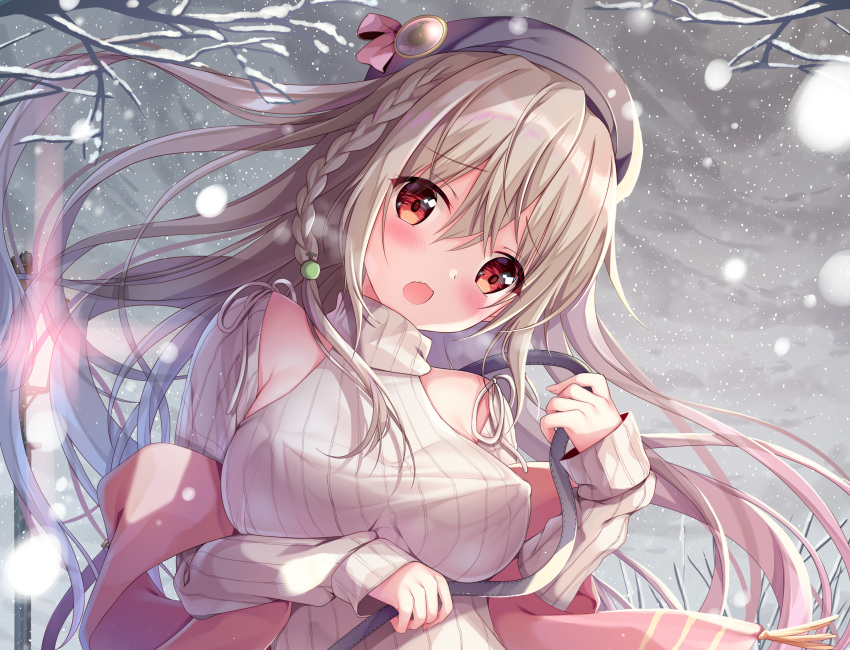 blush braids brown_hair clouds cropped erect_nipples hat long_hair original scarf sky snow sousouman tree winter