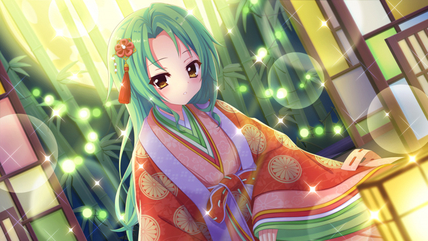 1girl alternate_hairstyle architecture bamboo cardboard_cutout cosplay dot_nose dutch_angle east_asian_architecture film_grain floral_print forehead full_moon game_cg green_hair hair_ornament izumi_tsubasu japanese_clothes kaguya_hime kaguya_hime_(cosplay) kimono lens_flare long_hair looking_at_viewer moon non-web_source official_art on_floor parted_lips pink_kimono print_kimono re:stage! red_kimono shirokita_kuroha shouji sitting sliding_doors solo sparkle taketori_monogatari yellow_eyes