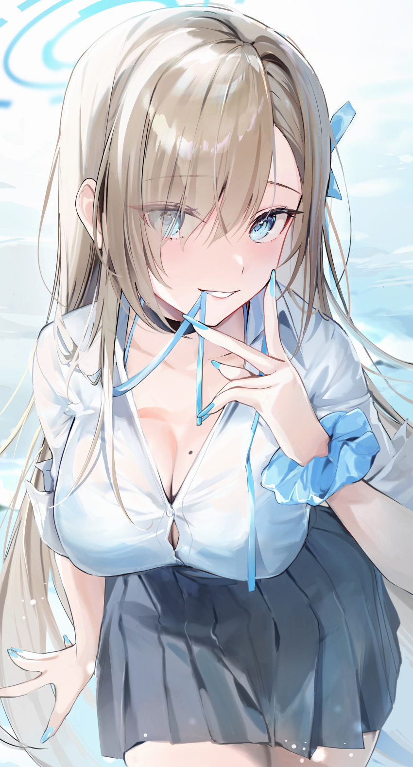 1girl absurdres ame929 asuna_(blue_archive) black_choker blue_archive blue_eyes blue_halo blue_nails breasts button_gap choker cleavage collared_shirt commentary cowboy_shot grey_skirt hair_over_one_eye hair_ribbon halo hand_up highres light_brown_hair long_hair mole mole_on_breast mouth_hold neck_ribbon parted_lips pleated_skirt ribbon ribbon_in_mouth scrunchie shirt skirt solo symbol-only_commentary undone_neck_ribbon very_long_hair white_shirt wrist_scrunchie