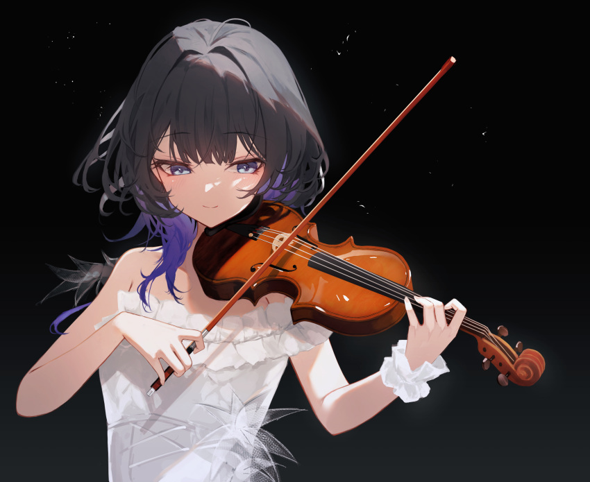 1girl absurdres bare_shoulders black_background black_hair blue_eyes blue_hair closed_mouth collarbone commentary dress english_commentary grey_background highres holding holding_instrument instrument long_hair mayogii multicolored_hair original smile solo strapless strapless_dress two-tone_hair upper_body violin white_dress wrist_cuffs