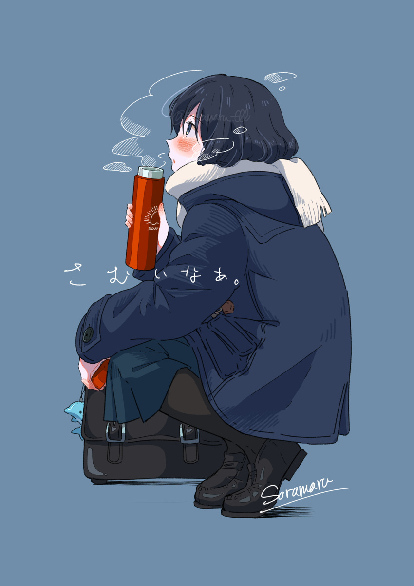 1girl artist_name black_coat black_hair blue_background blue_scarf blue_skirt blush briefcase coat from_side full_body highres holding holding_thermos long_sleeves original scarf school_briefcase short_hair simple_background skirt solo soramaru_ell squatting thermos translation_request twitter_username watermark