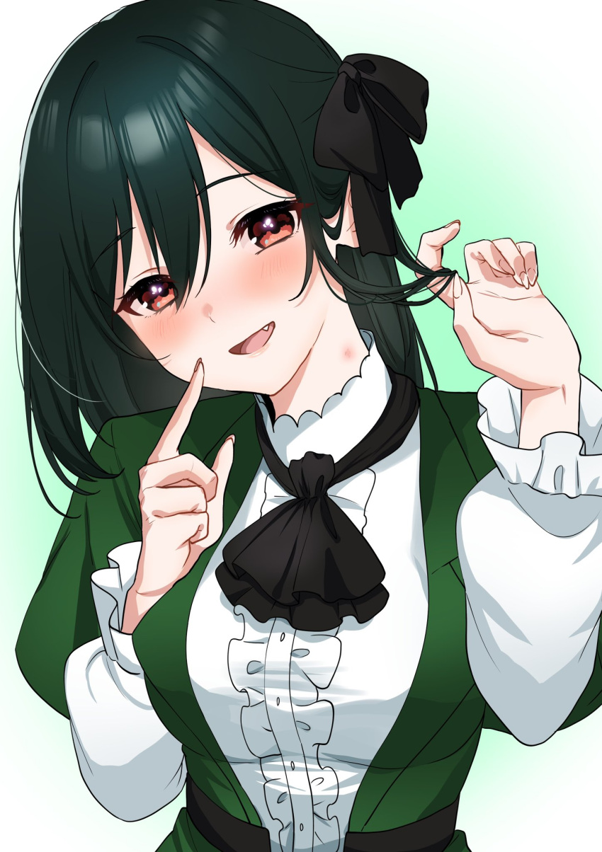 1girl ascot black_ascot black_ribbon blush breasts center_frills fang frilled_shirt frilled_sleeves frills green_hair green_jacket hair_ribbon head_tilt highres jacket koufukuron_(love_live!) long_sleeves looking_at_viewer love_live! love_live!_nijigasaki_high_school_idol_club medium_breasts medium_hair mei_hinamatsu mifune_shioriko open_mouth playing_with_own_hair red_eyes ribbon shirt sidelocks solo swept_bangs three_quarter_view upper_body white_shirt