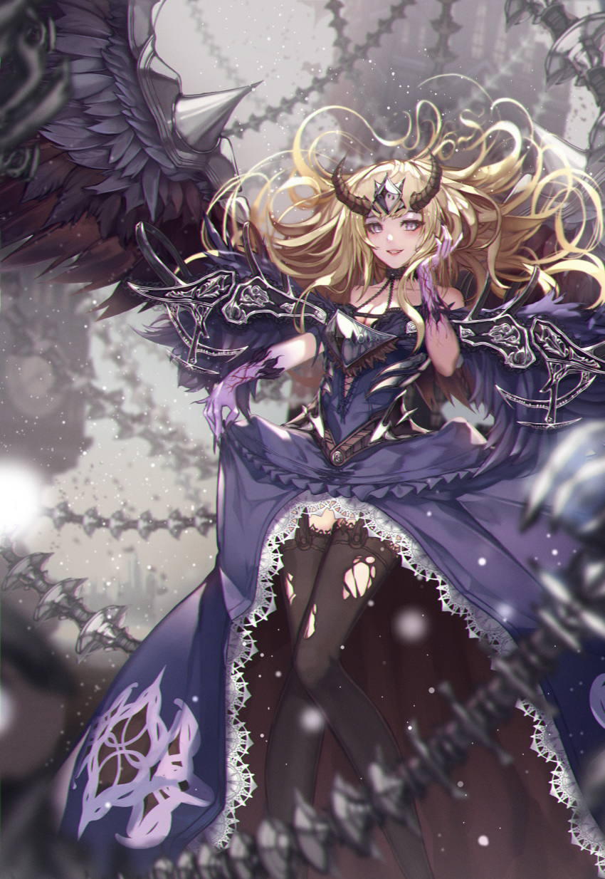 cleavage dress horns nomen skirt_lift stockings tagme thighhighs torn_clothes wings