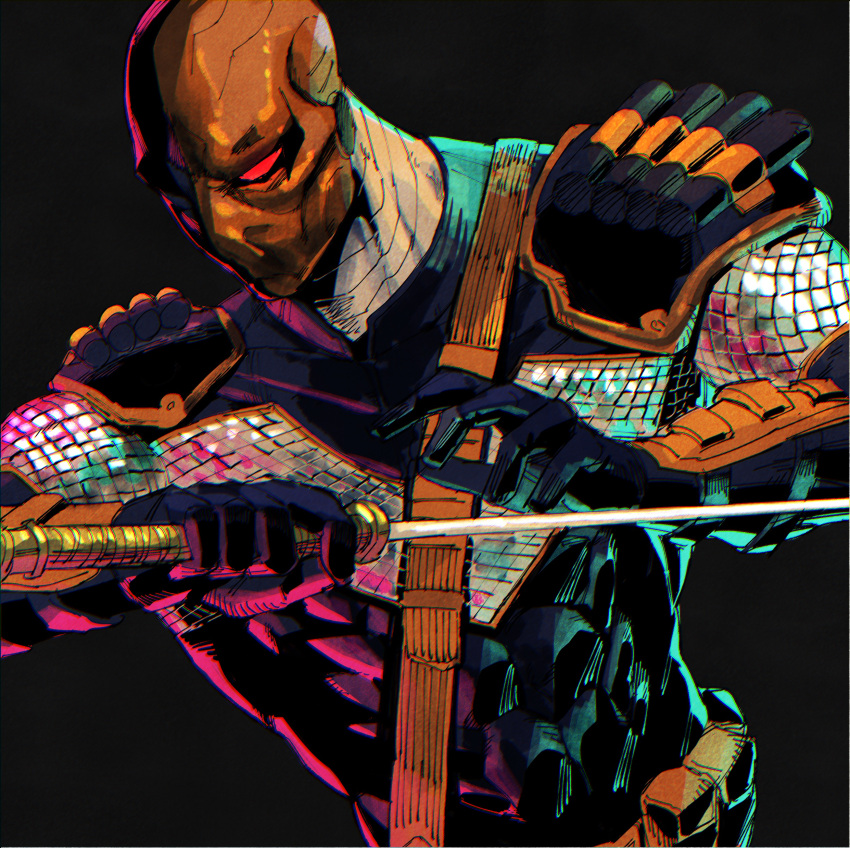 1boy abs absurdres armor belt black_background black_bodysuit bodysuit dc_comics deathstroke glowing glowing_eyes highres holding holding_sword holding_weapon looking_ahead male_focus mask muscular muscular_male red_eyes sidelighting simple_background solo sword udaruga upper_body utility_belt weapon