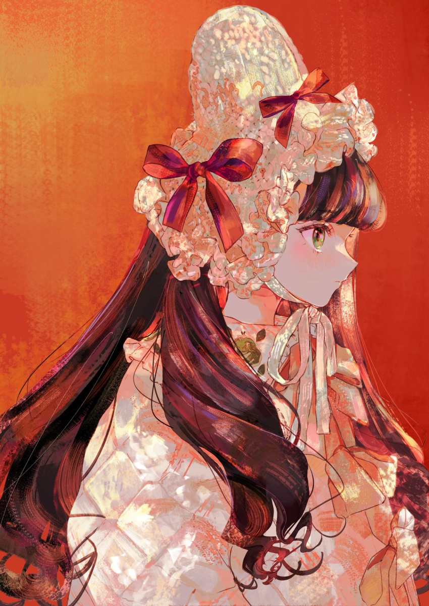 1girl arms_at_sides blunt_bangs blush bonnet bow chin_strap closed_mouth dress drill_hair expressionless eyelashes frilled_headwear from_side gradient_background hair_over_shoulder hat hat_bow highres jamu_(yakinikuoi4) long_hair long_sleeves looking_ahead multicolored_hair orange_background original profile puffy_long_sleeves puffy_sleeves purple_hair red_bow red_hair solo streaked_hair twintails upper_body white_dress white_headwear