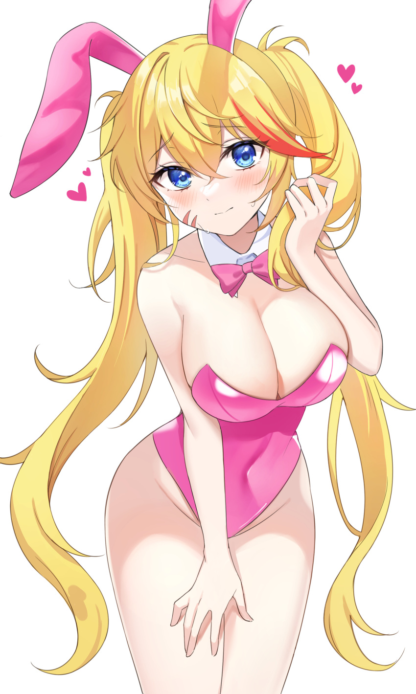 1girl absurdres animal_ears blonde_hair blue_eyes bow bowtie breasts cleavage cowboy_shot detached_collar english_commentary hari83421 highres large_breasts leotard long_hair original pink_bow pink_bowtie pink_leotard playboy_bunny rabbit_ears scar scar_on_face simple_background solo strapless strapless_leotard twintails white_background