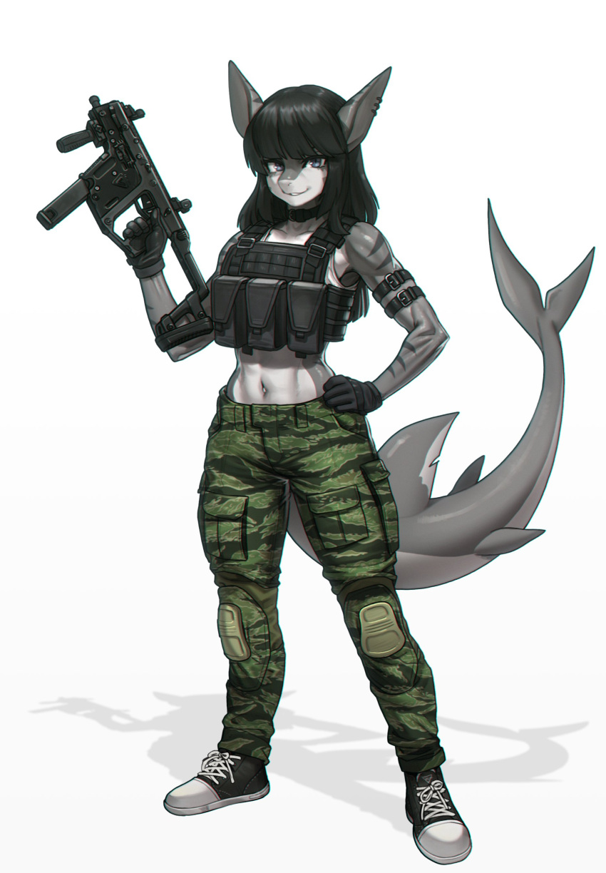 2024 absurd_res anthro arm_strap black_hair blue_eyes bottomwear camo camo_bottomwear camo_clothing camo_pants camo_print clothing collar collarbone crop_top ear_piercing ear_ring eyebrows eyelashes female fish footwear gloves grey_body gun hair hand_on_hip handwear hi_res looking_at_viewer marine midriff navel pants pattern_bottomwear pattern_clothing pattern_pants pgm300 piercing pouches ranged_weapon ring_piercing shark shirt shoes solo striped_body stripes submachine_gun topwear weapon white_body