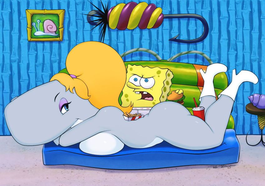 anthro big_breasts blonde_hair breasts burger cetacean clothing duo female food footwear footwear_only furniture grey_body hair hi_res larger_female lying male mammal marine mostly_nude nickelodeon on_front pearl_krabs sea_sponge shoes shoes_only sirredbenjamin size_difference smaller_male sofa spongebob_squarepants spongebob_squarepants_(character) teeth thick_thighs underwear yellow_body