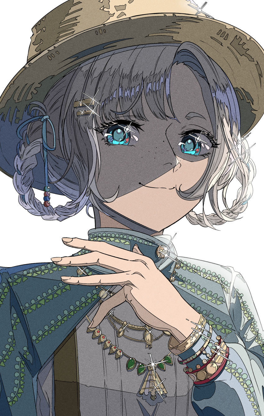 1girl absurdres arched_back bell blue_eyes blue_ribbon blue_sleeves boater_hat braid closed_mouth grey_hair hair_ribbon hair_rings hand_up highres jewelry long_sleeves looking_at_viewer looking_to_the_side matilda_bouanich matilda_bouanich_(the_genius's_holiday) natsugu72 neck_bell necklace reverse:1999 ribbon shirt short_hair shrug_(clothing) smile solo sparkle sparkling_eyes twin_braids upper_body white_background white_shirt yellow_headwear