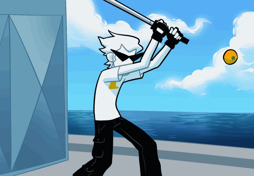 1boy animated animated_gif black_pants cloud colored_skin day dirk_strider food fruit fruit_ninja homestuck lemon outdoors pancakemolybdenum_(lovisa) pants shirt slashing slicing standing sunglasses t-shirt water white_hair white_skin