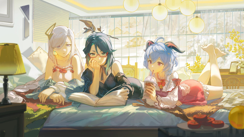 3girls ahoge alternate_costume arm_support bare_shoulders blue_hair breasts bubble_tea closed_mouth crossed_legs drinking drinking_straw ganyu_(genshin_impact) genshin_impact glasses goat_horns green_hair grey_hair hair_between_eyes hair_over_one_eye highres horns indoors large_breasts long_hair long_sleeves looking_down lying multiple_girls official_art on_stomach parted_lips rafaelaaa red-framed_eyewear shenhe_(genshin_impact) sleeveless smile xianyun_(genshin_impact)