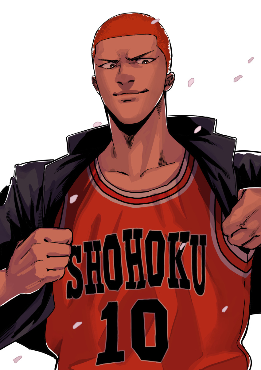 1boy absurdres basketball_jersey black_jacket bright_pupils brown_eyes closed_mouth collarbone falling_petals highres jacket looking_at_viewer male_focus open_clothes open_jacket petals red_hair sakuragi_hanamichi short_hair slam_dunk_(series) solo udaruga upper_body white_background white_pupils