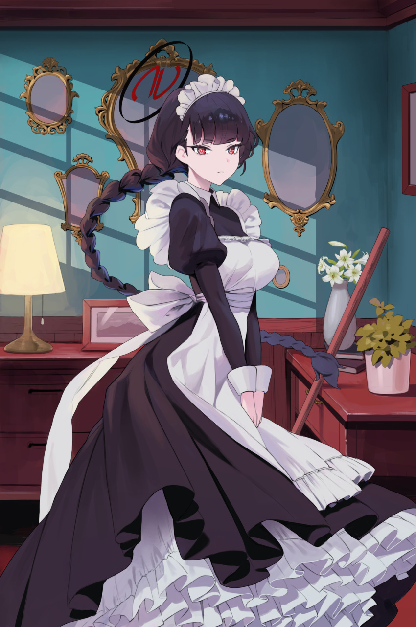 1girl alternate_costume apron black_hair blue_archive braid breasts bright_pupils byocho desk_lamp dress enmaided frilled_apron frills highres juliet_sleeves lamp large_breasts long_dress long_hair long_sleeves maid maid_apron maid_headdress no_halo own_hands_together petticoat puffy_sleeves red_eyes rio_(blue_archive) single_braid sleeve_cuffs vase very_long_hair victorian_maid white_apron white_pupils