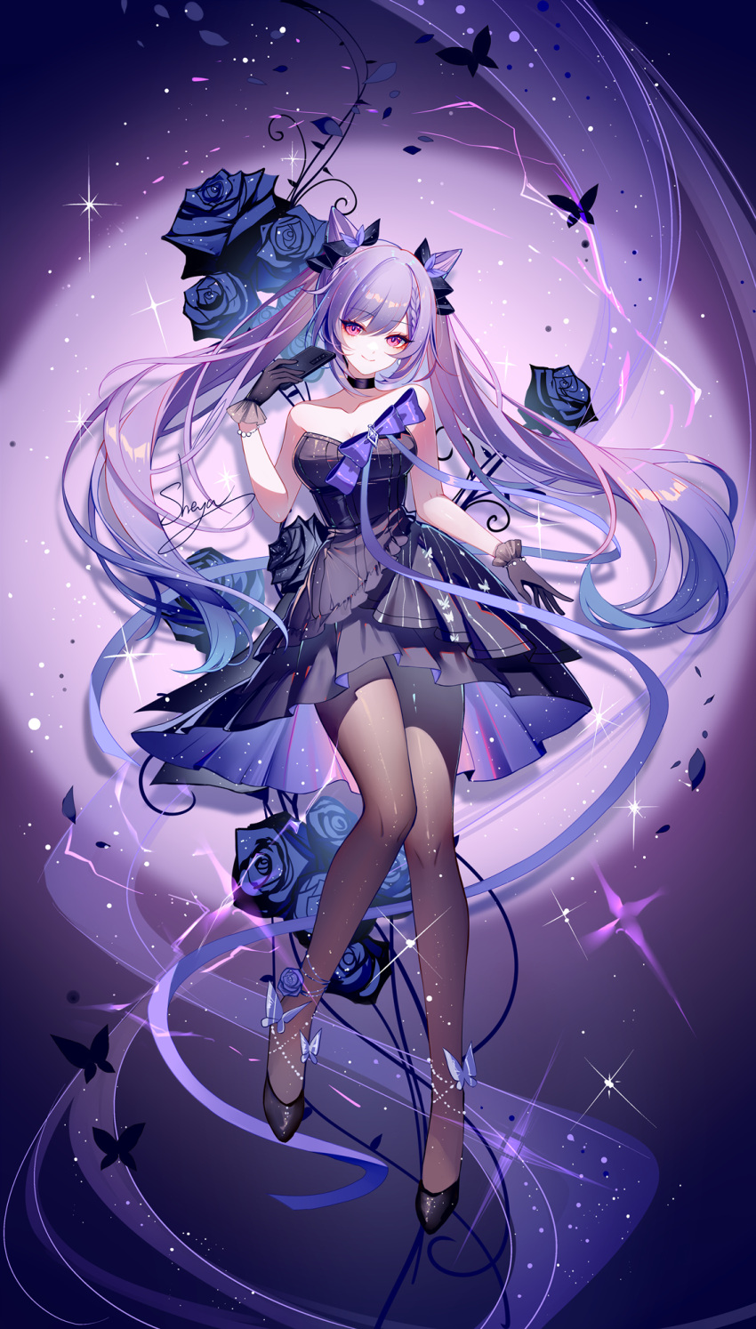 1girl artist_name bare_arms bare_shoulders black_choker black_dress black_footwear bow choker commentary_request cone_hair_bun double_bun dress full_body genshin_impact hair_bun highres keqing_(genshin_impact) keqing_(oneplus)_(genshin_impact) knees_together_feet_apart legs long_hair looking_at_viewer pantyhose purple_background purple_bow purple_eyes purple_hair sheya signature smile solo strapless strapless_dress twintails very_long_hair