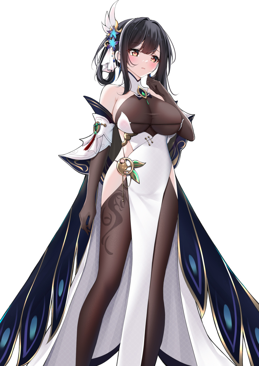 1girl absurdres azur_lane bare_shoulders black_hair bodystocking breasts brown_gloves catnnn chen_hai_(azur_lane) chen_hai_(retrofit)_(azur_lane) china_dress chinese_clothes cleavage dress elbow_gloves gloves hair_rings halterneck hand_up highres hip_vent large_breasts pelvic_curtain revealing_clothes standing taut_clothes taut_dress thighhighs tight_clothes tight_dress white_background