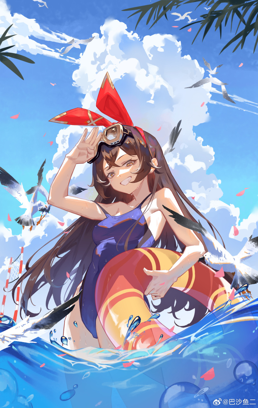 1girl absurdres air_bubble amber_(genshin_impact) ba_sha_yu_er bare_arms bare_shoulders bird blue_one-piece_swimsuit blue_sky bow bow_hairband breasts brown_eyes brown_hair bubble cloud covered_navel cowboy_shot day falling_petals genshin_impact goggles goggles_on_head grin hair_bow hairband hand_on_own_head hand_up highres holding holding_swim_ring leaf long_hair looking_at_viewer one-piece_swimsuit outdoors partially_submerged partially_underwater_shot petals red_bow seagull sky smile solo strap_slip swim_ring swimsuit very_long_hair water yellow_innertube