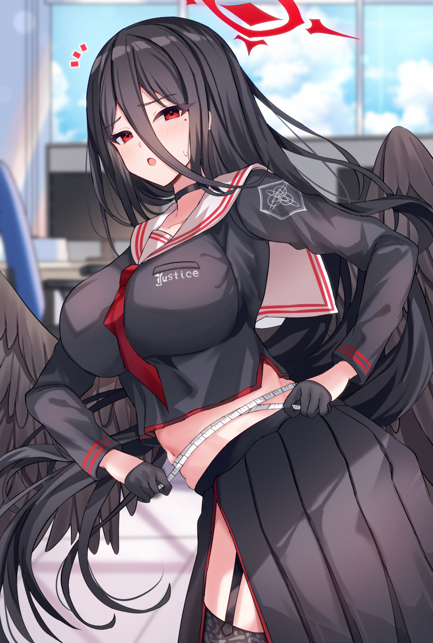 1girl :o belly black_choker black_garter_straps black_gloves black_hair black_serafuku black_thighhighs black_wings blue_archive blurry blurry_background breasts choker cropped_shirt feathered_wings garter_straps gloves hair_between_eyes halo hasumi_(blue_archive) highres indoors large_breasts long_bangs long_hair looking_at_viewer mi_taro333 midriff mole mole_under_eye navel neckerchief notice_lines pleated_skirt red_eyes red_halo red_neckerchief school_uniform serafuku skirt solo stomach straight_hair sweatdrop tape_measure thighhighs very_long_hair weight_conscious wings