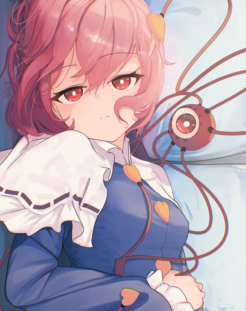 1girl absurdres blue_shirt breasts closed_mouth collared_shirt eyeball frilled_sleeves frills hair_between_eyes hair_ornament heart heart_hair_ornament highres komeiji_satori long_sleeves looking_at_viewer pink_hair red_eyes senzaicha_kasukadoki shirt short_hair signature small_breasts solo third_eye touhou upper_body