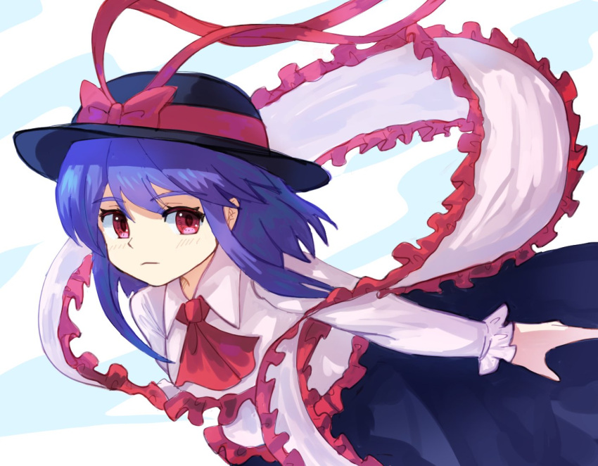 1girl black_headwear black_skirt bow closed_mouth commentary_request frilled_shawl frilled_shirt frills hat hat_bow long_sleeves looking_at_viewer medium_hair nagae_iku plus2sf purple_hair red_bow red_eyes shawl shirt short_hair skirt solo touhou