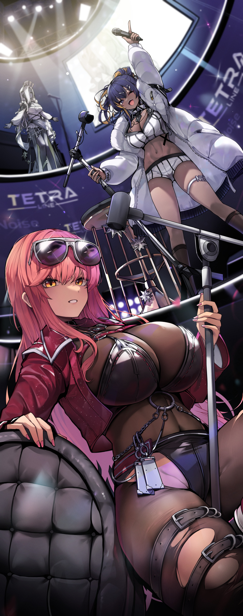 3girls ;d absurdres aria_(nikke) arm_up blonde_hair blue_hair breasts dark-skinned_female dark_skin ddangbi eyewear_on_head goddess_of_victory:_nikke highres holding holding_microphone jacket large_breasts long_hair long_sleeves looking_at_viewer microphone microphone_stand midriff multiple_girls noise_(classic_diva)_(nikke) noise_(nikke) official_alternate_costume one_eye_closed open_clothes open_jacket open_mouth parted_lips red_hair red_jacket short_shorts shorts smile standing stomach sunglasses thigh_strap thighs volume_(nikke) white_jacket white_shorts yellow_eyes