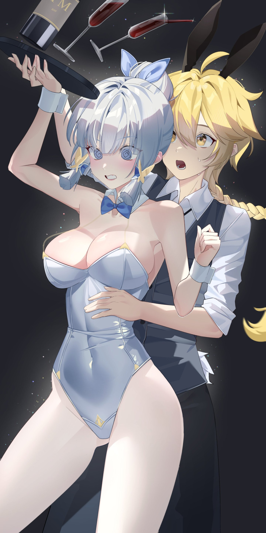 1girl @_@ absurdres aether_(genshin_impact) animal_ears aqua74286 ass_visible_through_thighs bare_shoulders blonde_hair blue_eyes blue_hair blue_leotard blunt_bangs blunt_tresses blush braid breasts cleavage covered_navel drink fake_animal_ears genshin_impact hair_ornament highres holding kamisato_ayaka large_breasts leotard light_blue_hair long_hair looking_at_another open_mouth pantyhose ponytail rabbit_ears sidelocks standing sweat thighs tray white_pantyhose yellow_eyes