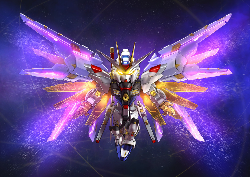 absurdres chibi full_body glowing glowing_eyes gundam gundam_seed gundam_seed_freedom highres light_particles looking_at_viewer mecha mighty_strike_freedom_gundam mobile_suit no_humans open_hands robot science_fiction sd_gundam solo spoilers spread_wings v-fin yellow_eyes zakuma