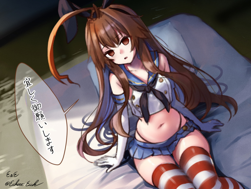 1girl ahoge black_hairband black_neckerchief black_panties blue_sailor_collar blue_skirt brown_eyes brown_hair commentary_request cosplay crop_top eckert&amp;eich elbow_gloves empty_eyes futon gloves hairband highleg highleg_panties huge_ahoge kantai_collection kuma_(kancolle) long_hair looking_at_viewer microskirt miniskirt navel neckerchief one-hour_drawing_challenge panties pleated_skirt sailor_collar shimakaze_(kancolle) shimakaze_(kancolle)_(cosplay) shirt sitting skirt sleeveless sleeveless_shirt solo striped_clothes striped_thighhighs thighhighs translation_request underwear white_gloves