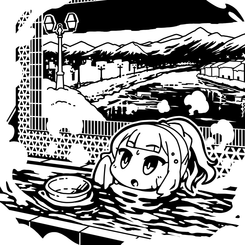 1girl :o absurdres bathhouse bathing blunt_bangs cevio chibi commentary_request greyscale hand_up highres holding holding_towel indoors lamppost looking_ahead monochrome mosaic_art mountainous_horizon moyasiwhite natsuki_karin partially_submerged ponytail second-party_source solo steam synthesizer_v towel washbowl water wet wet_hair