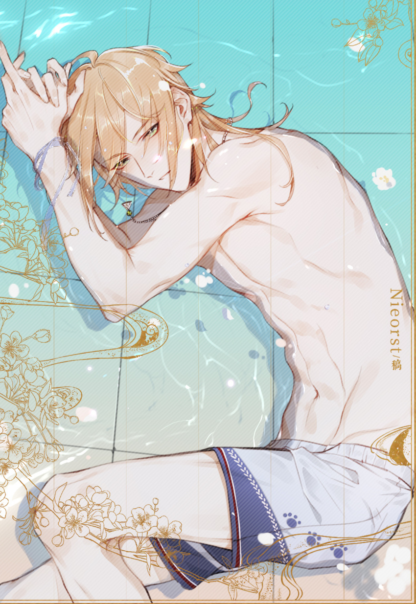 1boy alkaid_mcgrath beach blonde_hair blue_ribbon bound bound_wrists feet_out_of_frame flower flower_on_liquid green_eyes hair_between_eyes highres jewelry looking_at_viewer looking_to_the_side lovebrush_chronicles lying male_focus male_swimwear medium_hair necklace nieorst no_nipples on_side parted_lips partially_submerged paw_print petals petals_on_liquid ribbon shorts solo swim_trunks topless_male water white_flower white_shorts