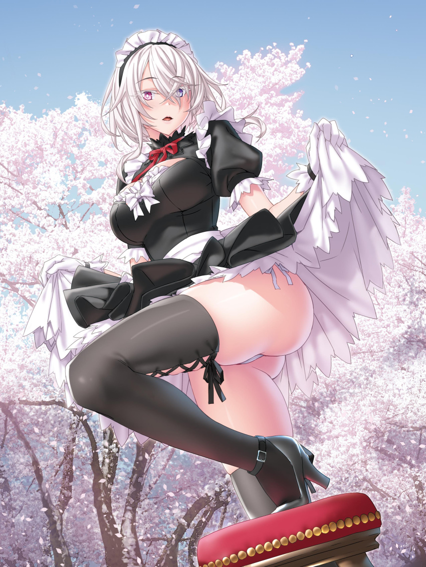 1girl absurdres artist_request black_thighhighs blue_eyes breasts cherry_blossoms gloves hair_between_eyes high_heels highres large_breasts looking_at_viewer magical_explorer maid maid_headdress nanami_(magical_explorer) official_art open_mouth outdoors panties purple_eyes ribbon short_hair_with_long_locks solo thighhighs underwear white_gloves white_panties